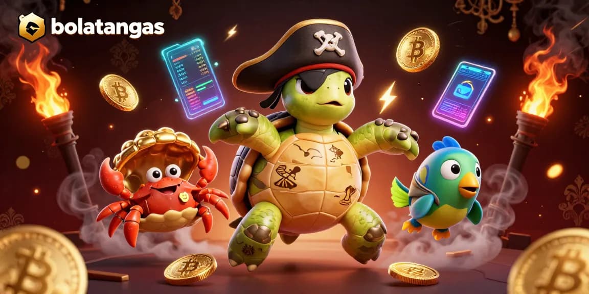 Play slot games at bolatangkas with engaging characters above treasure, showcasing vibrant crypto elements.