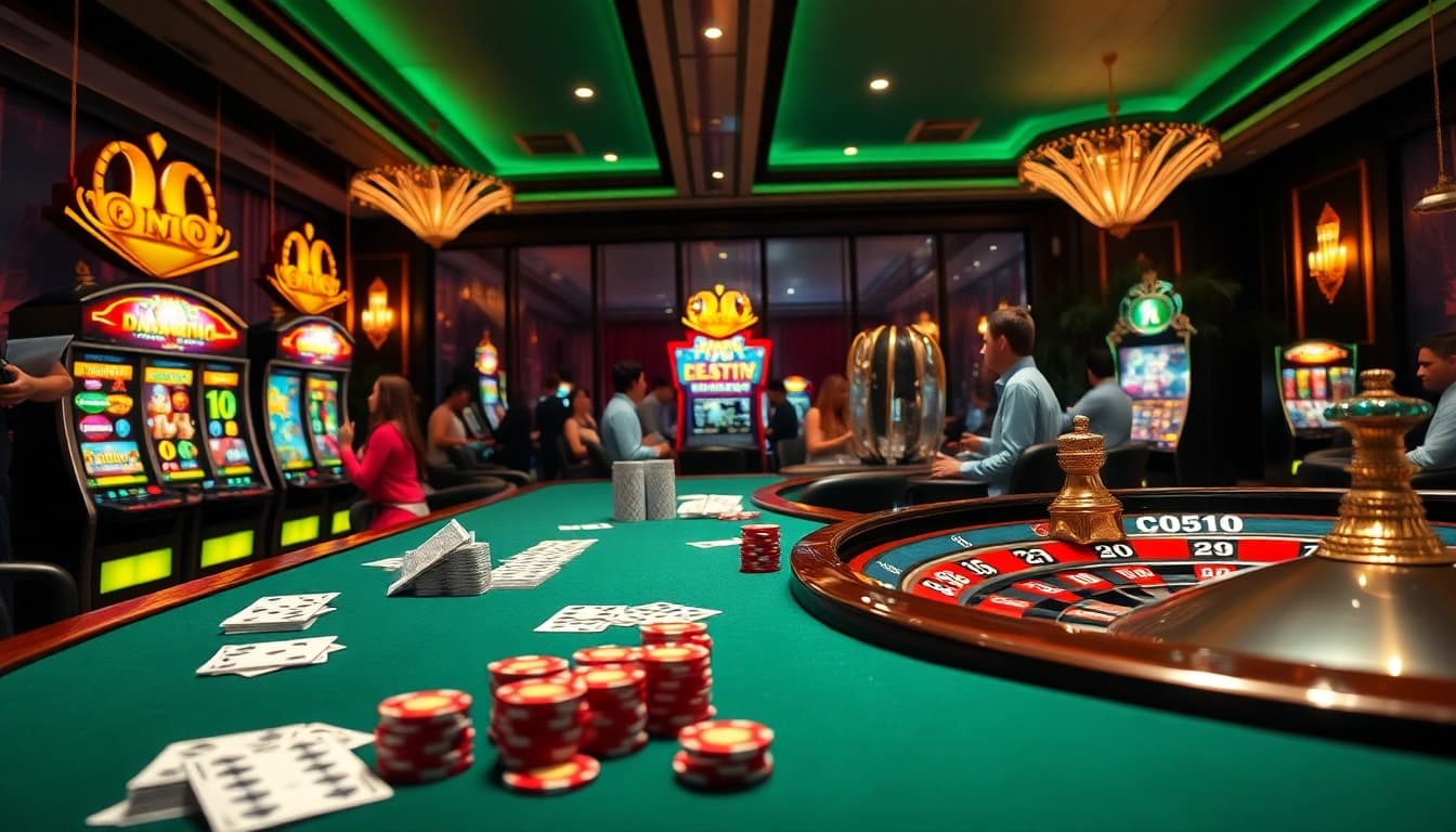 Experience the excitement at a nhà cái uy tín with vibrant games, poker chips, and roulette tables.