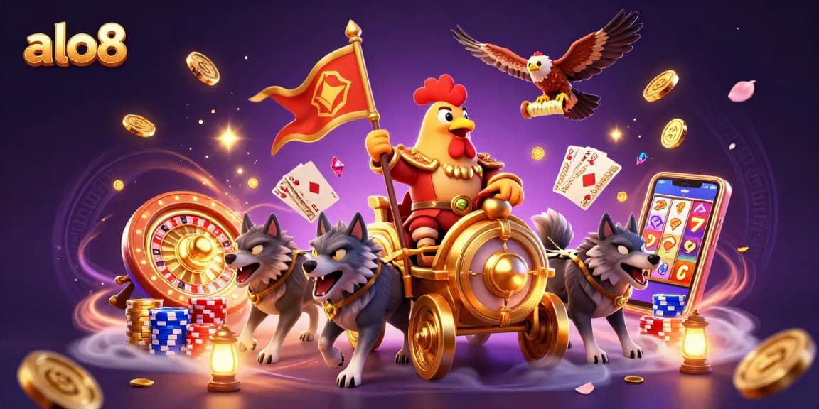 Spin into action at alo8 with vibrant casino games, golden coins, and a 3D warlord chariot.