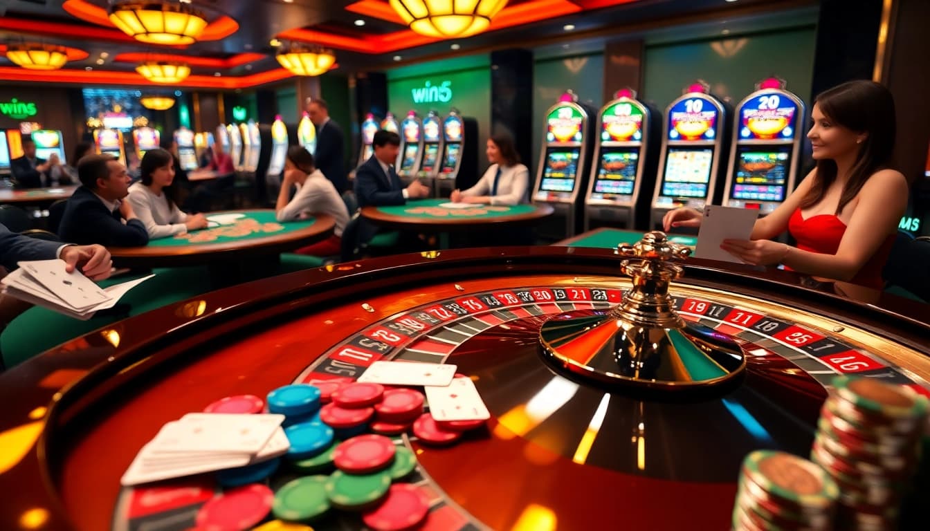 Gambling enthusiasts enjoying a thrilling game at win55 casino with roulette and poker elements.