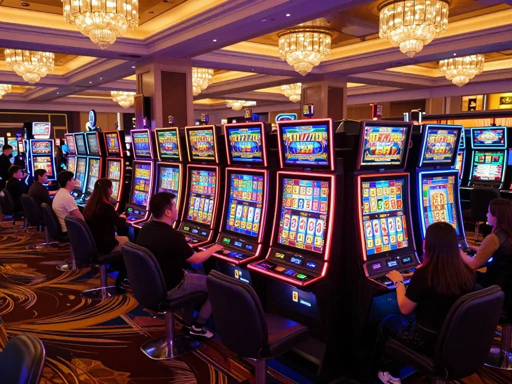 Experience the excitement of slot777 with players engaged at vibrant slot machines in a luxurious casino.
