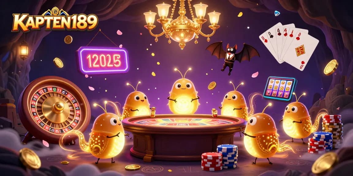 KAPTEN189 memancarkan kemewahan kasino online dengan karakter lucu yang menyinari meja judi dan koin emas terbang di sekelilingnya.