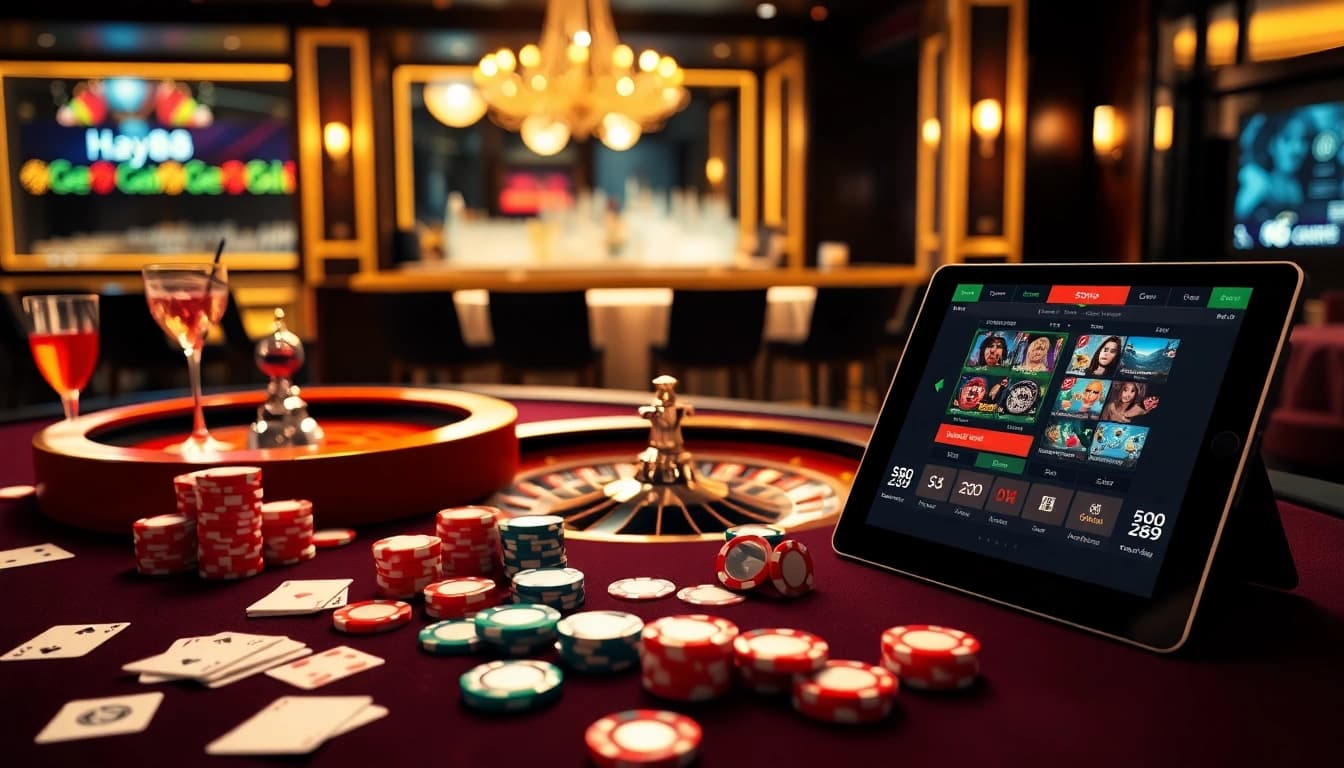 Engage in high-stakes gaming at Hay88 with colorful poker chips and a luxurious casino setting.