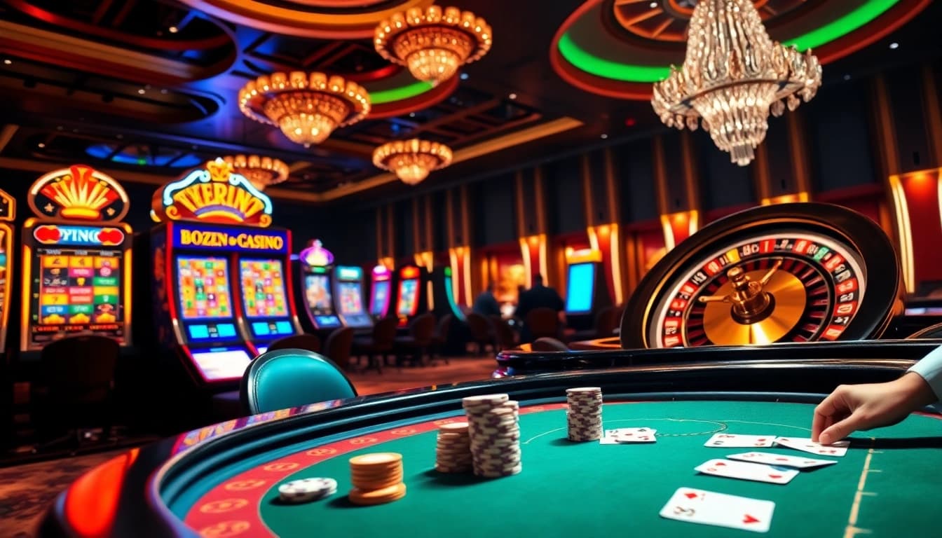 Engaged players enjoying the thrilling atmosphere of Luckywin's casino with vibrant gaming tables.