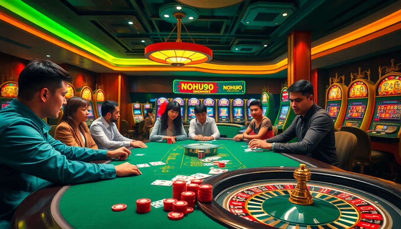 Experience the excitement of gaming at NOHU90 with a vibrant casino scene featuring poker and slots.