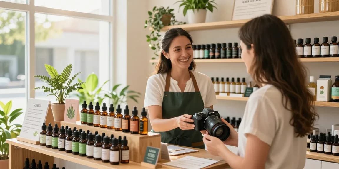 Customer receiving advice on cbd oil canada in a vibrant wellness store. Organic CBD products displayed prominently.