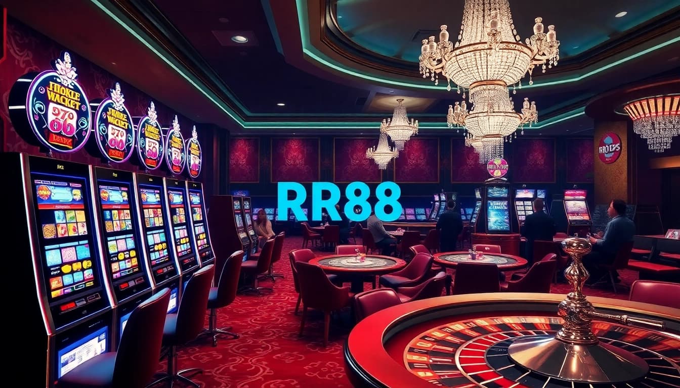 RR88 players enjoying a thrilling casino atmosphere with vibrant slot machines and engaged poker gamers.