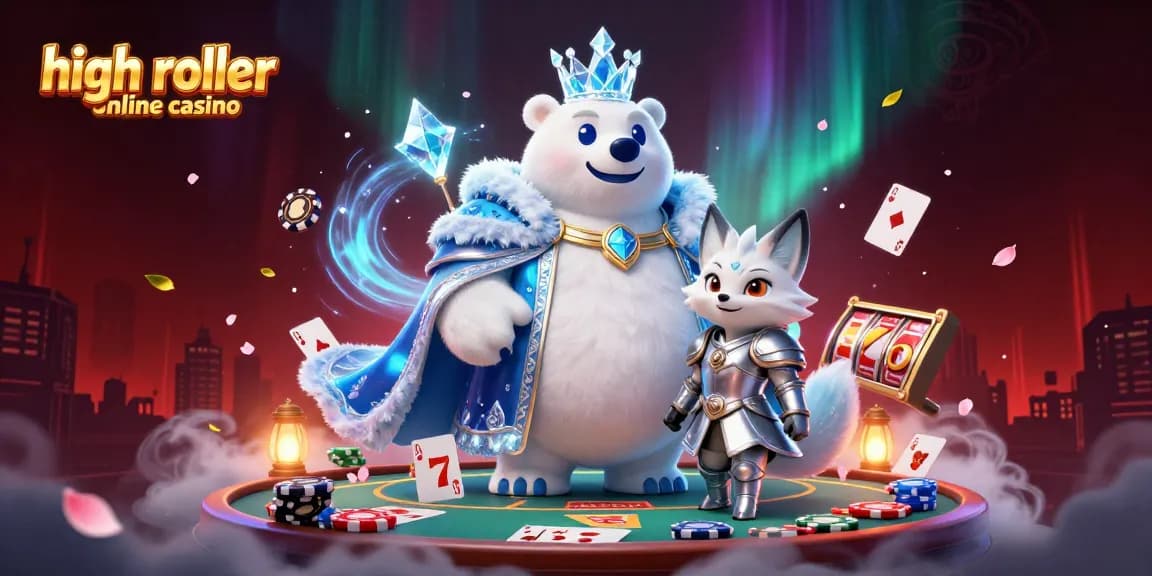 Engage with high roller online casino excitement featuring a royal bear and silver fox amid gaming symbols.