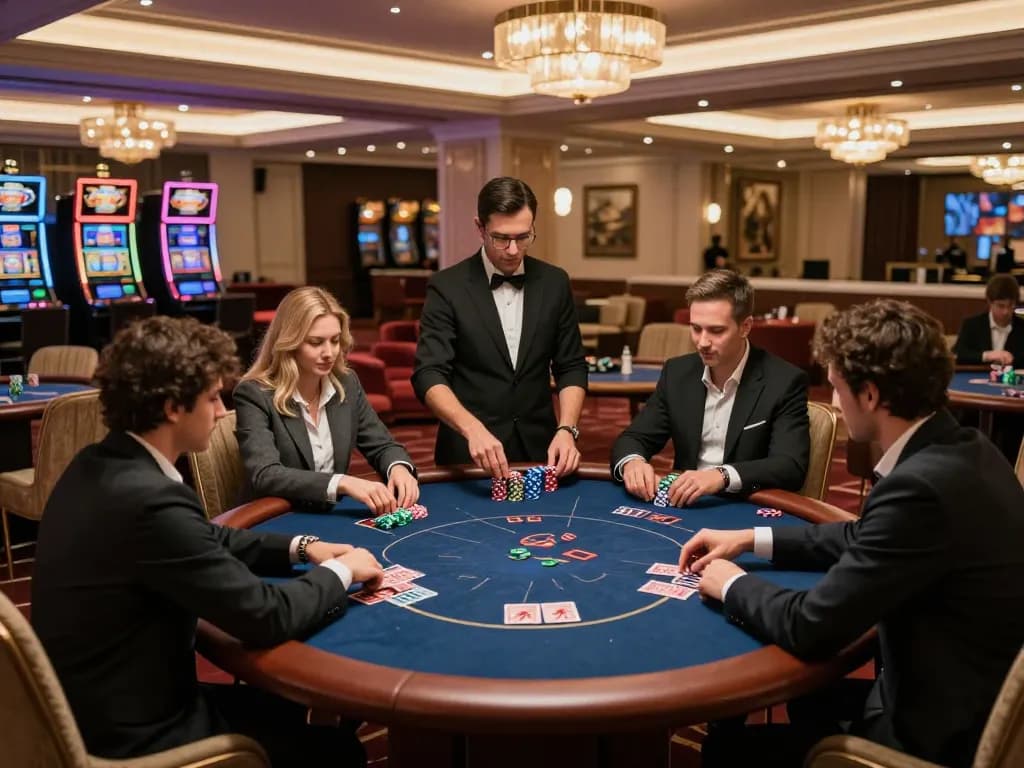 Players strategizing in a VIP gaming area at vipwin79 casino, enhancing the luxury gaming experience