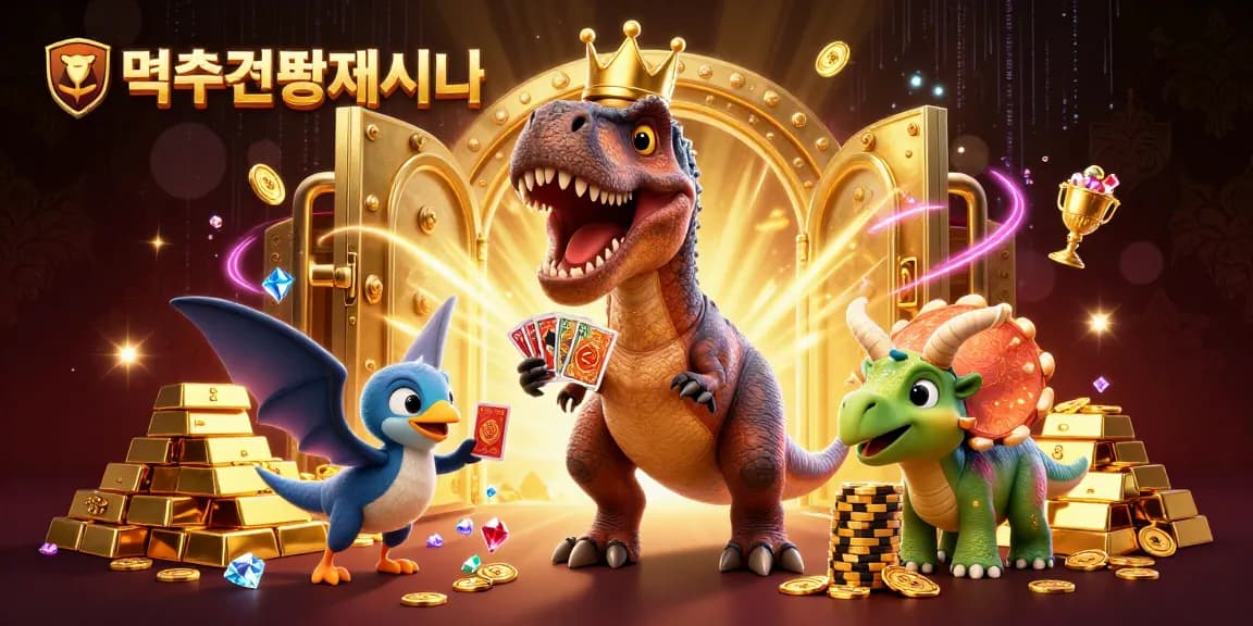 먹튀검증사이트 카드 셔플을 시도하는 T-Rex와 친근한 공룡 캐릭터들