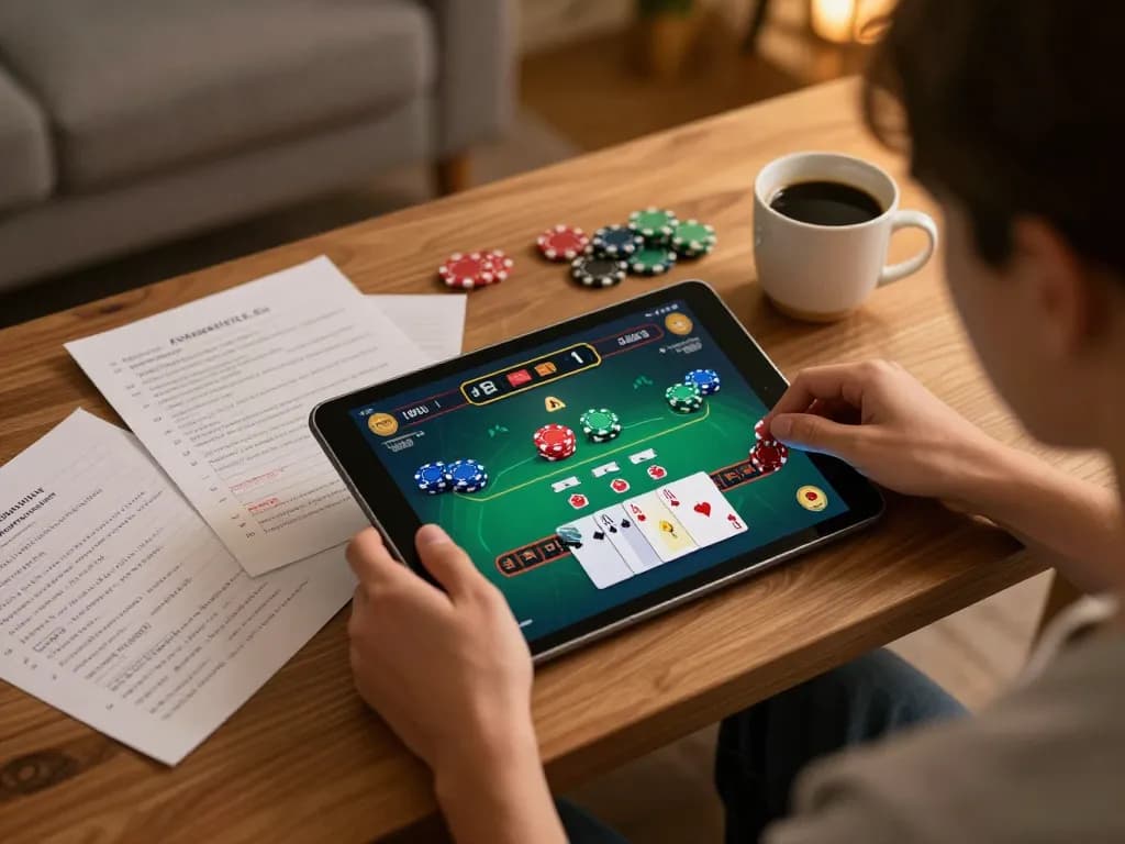 32win player strategizing on tablet during a cozy at-home blackjack session with clear game visuals.