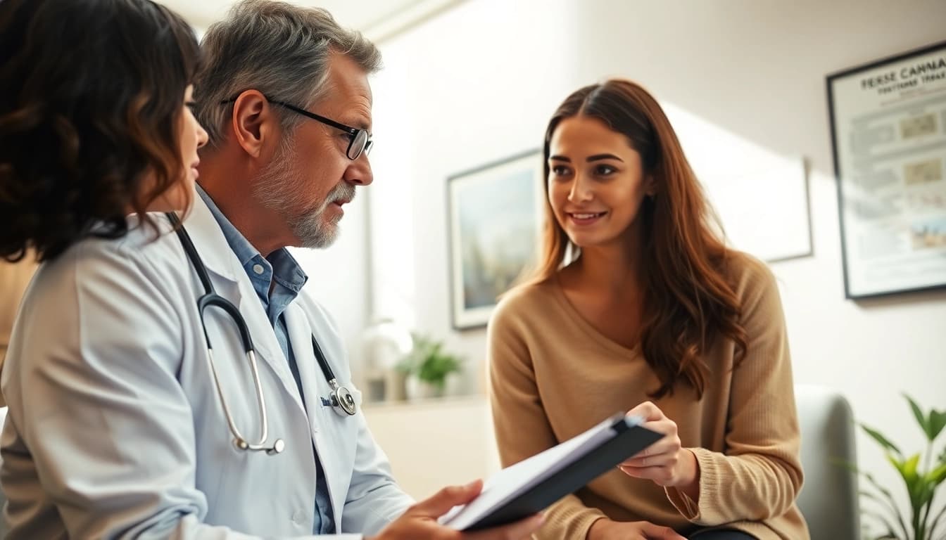 Healthcare provider supporting patient about Texas MMJ card in a welcoming clinic setting.