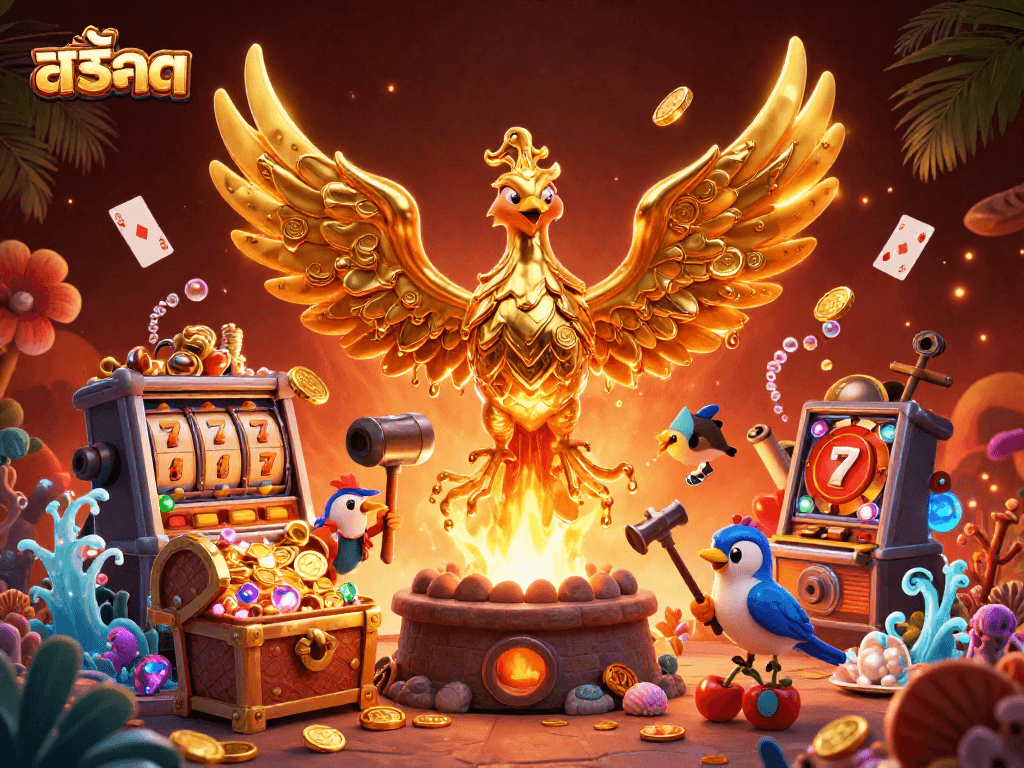 Spin สล็อต reels with a molten golden phoenix in a vibrant 3D casino scene.