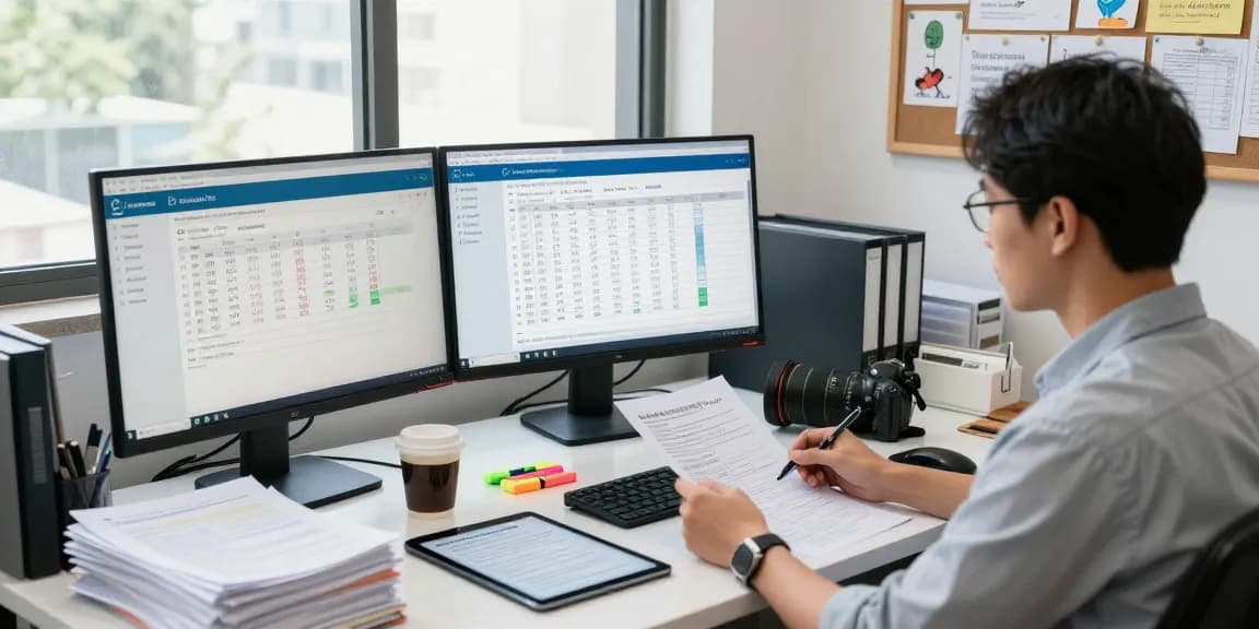 Analyst detecting fake receipt in a busy office setup with multiple screens and analytical tools.