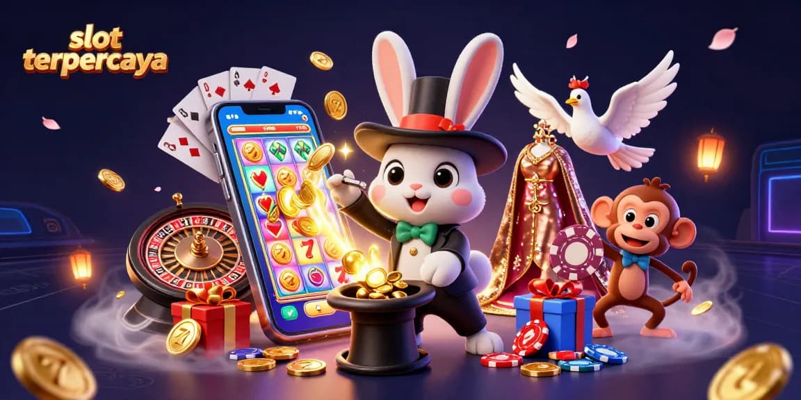 Taruhan slot terpercaya dengan magician dan karakter kasino menampilkan aksi seru.