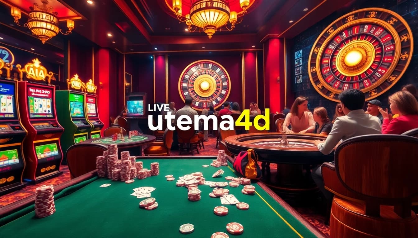 Pemain yang terlibat dalam adegan kasino mewah yang menampilkan Utama4D dengan mesin slot yang berwarna-warni dan meja permainan.
