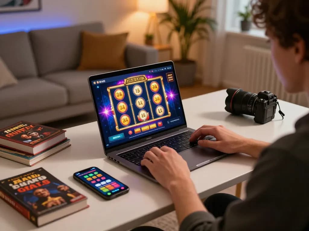 Engaging with giochi casino gratis senza registrazione on a laptop, showcasing vibrant online slots.