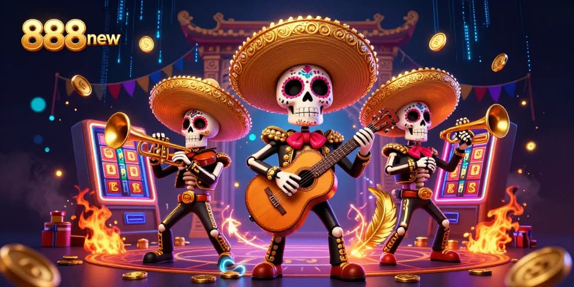 Engage in thrilling gaming at 888new with a vibrant mariachi band amidst casino symbols and rich graphics.