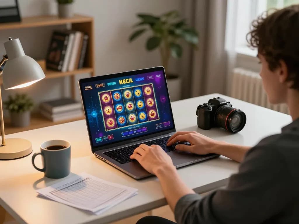 Enjoying a slot bet kecil game on a laptop at home, surrounded by strategy notes and a cozy atmosphere.