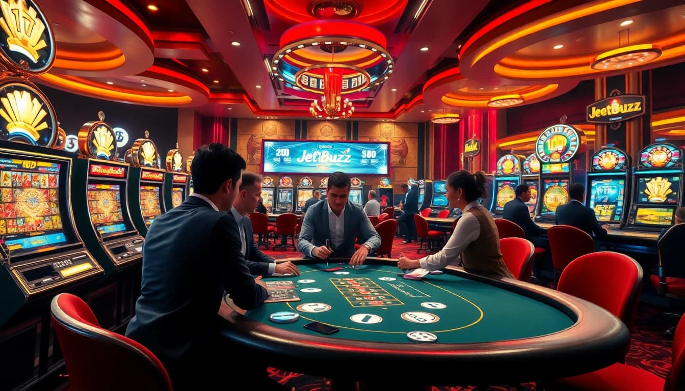 Experience excitement at Jeetbuzz online casino with players at a poker table and vibrant slot machines.