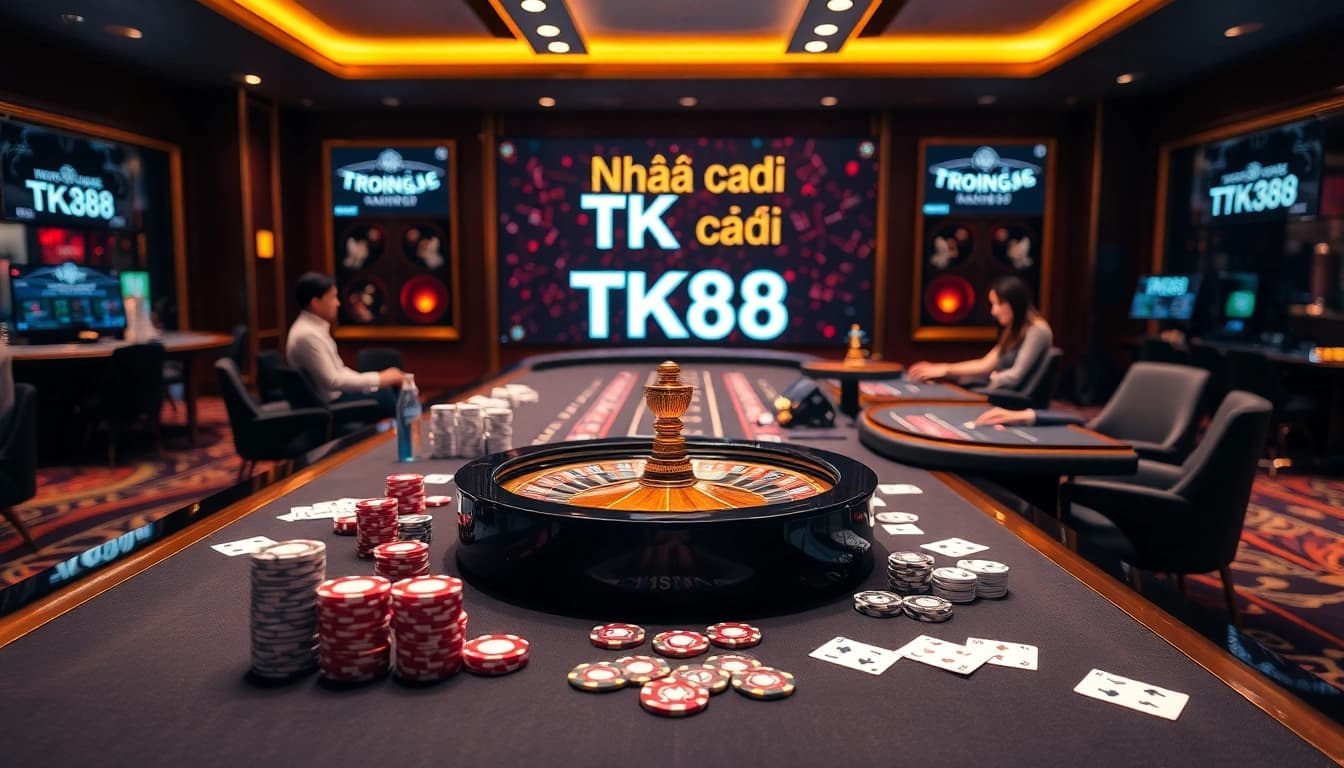 Experience thrilling games at Nhà cái TK88 with vibrant poker chips and roulette wheels captured in a luxurious casino.