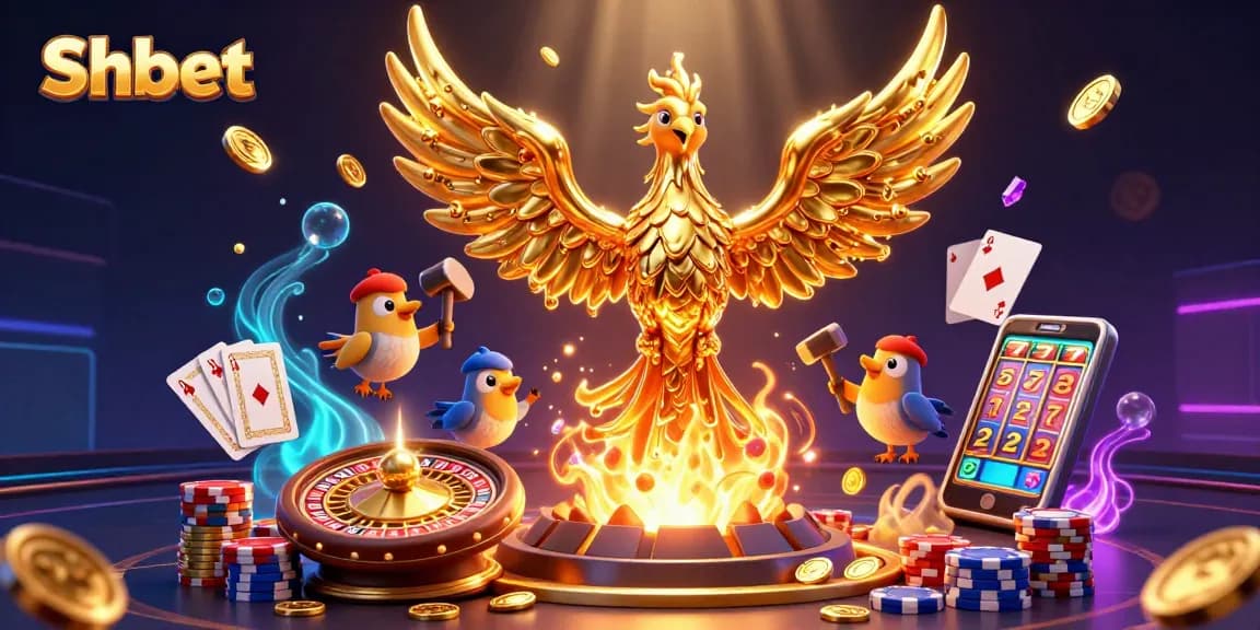 Experience thrilling wins at Shbet with a dynamic scene of casino excitement featuring a golden phoenix and various gaming elements.