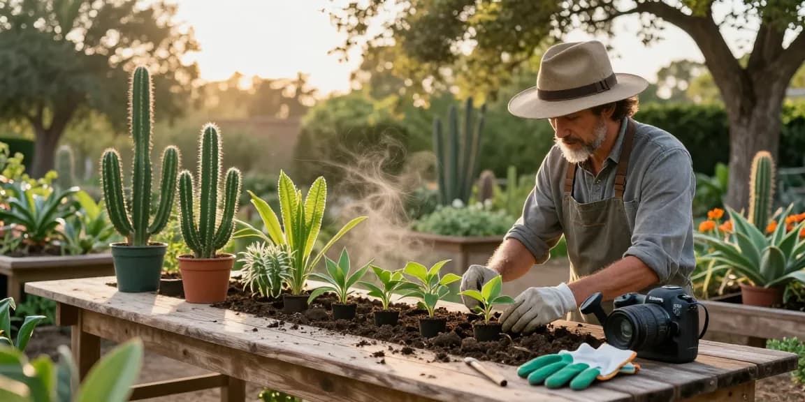 Lophophora Williamsii seedlings being cultivated with care, highlighting the quality of San Pedro Powder plants in a serene gardening environment.