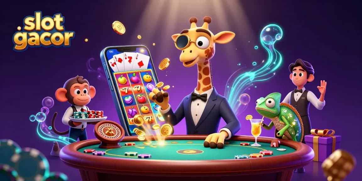 Engage with slot gacor as a high-roller giraffe, monkey valet, and chameleon bartender in a dynamic casino scene.
