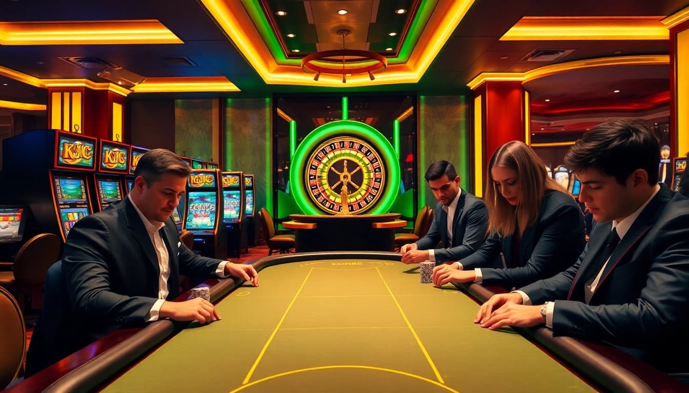 KJC casino venue with excited players at poker and roulette tables, showcasing luxury experience.