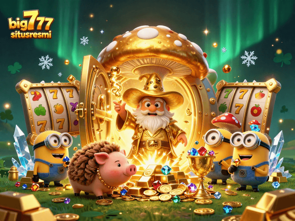 Experience thrilling wins at big777situsresmi with a golden mushroom wizard, treasure, and vibrant slot elements.