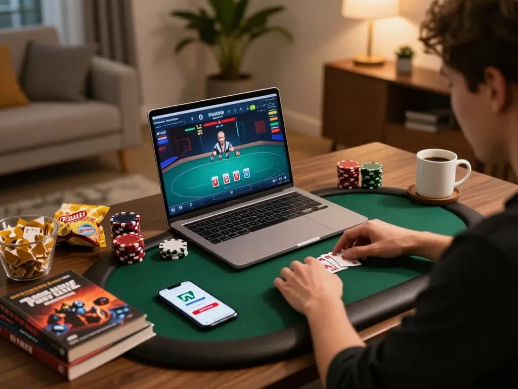 Engaged player using the 789bet link mới app for online poker in a cozy home setting.