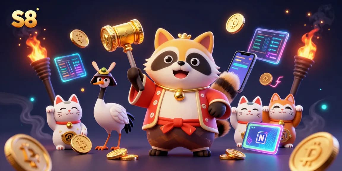 S8 engages players in a vibrant casino environment brimming with lucky symbols and crypto elements.