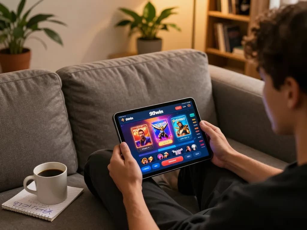Engaging 99win online gaming scene with a player analyzing strategies during gameplay