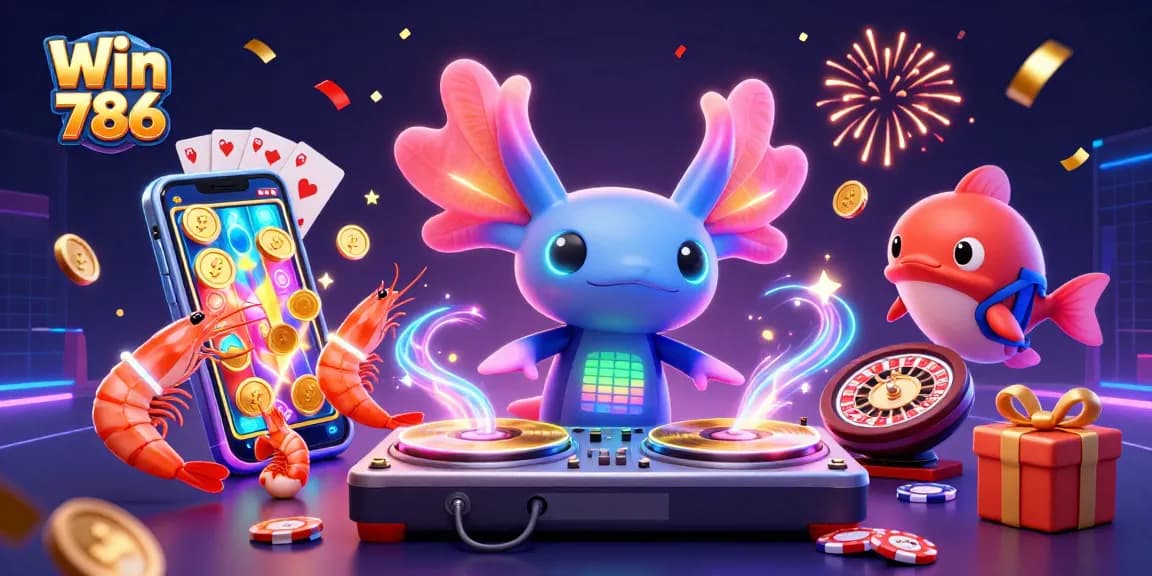 Win 786 showcases an energetic casino scene featuring a DJ and dancing sea creatures.