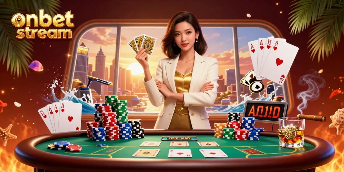 Experience the excitement of onbet stream with a glamorous Asian woman showcasing her winning poker strategy in a vibrant casino setting.