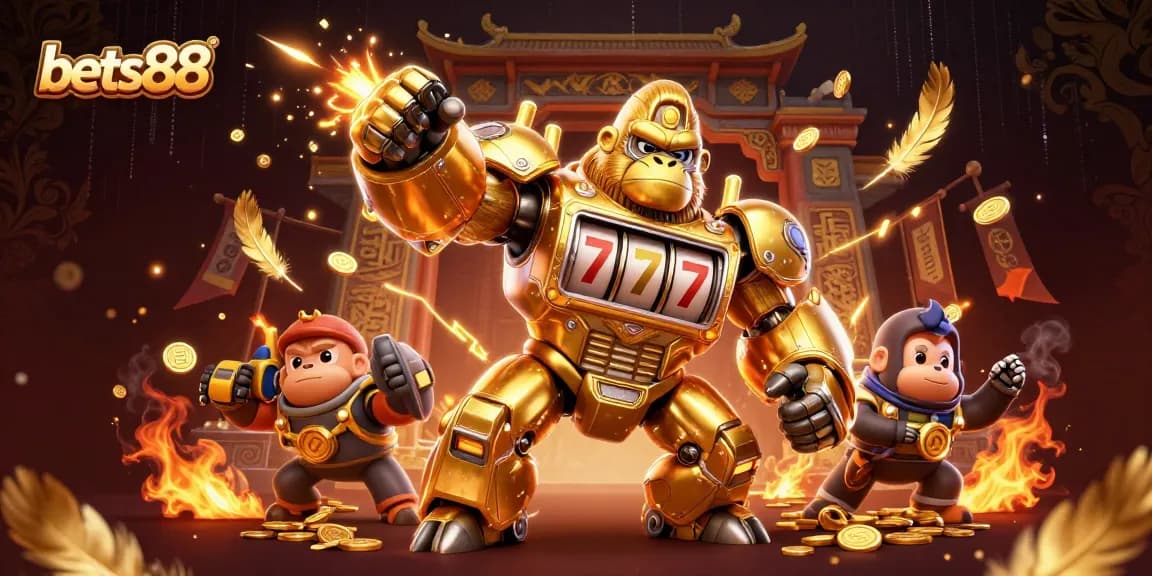 Bets88's golden gorilla mech bursts with excitement amidst vibrant coins and ancient symbols.