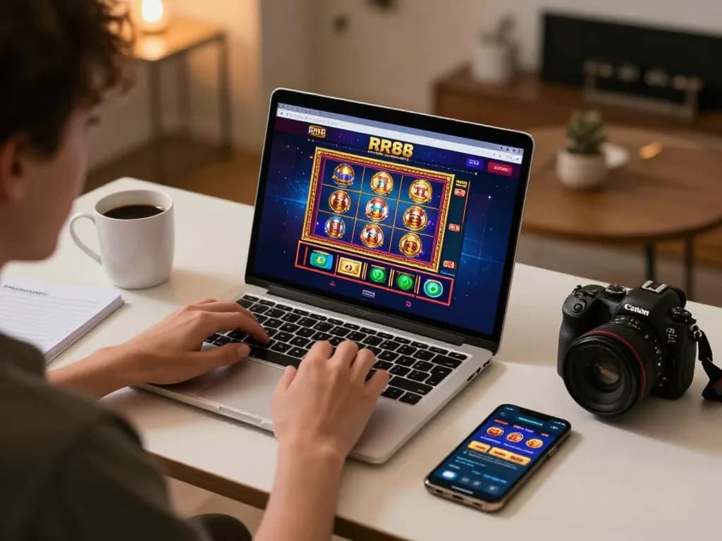 Player enjoying RR88 online casino games on a laptop in a cozy home setting