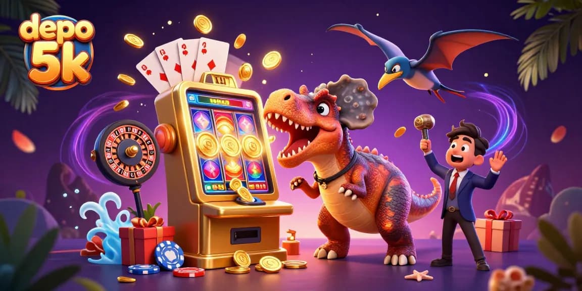 Experience huge wins with depo 5k as a pachycephalosaurus interacts with a jackpot slot machine.