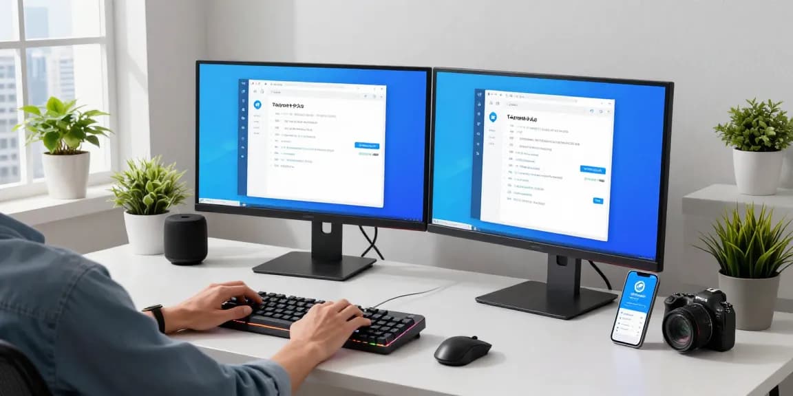Engaged tech enthusiast using Telegram中文版 on dual screens in a modern workspace.