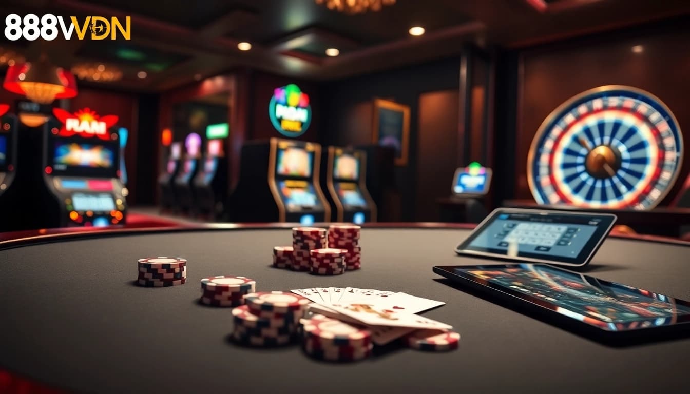 Experience thrilling gaming at 888VND with vibrant casino tables and online interfaces.