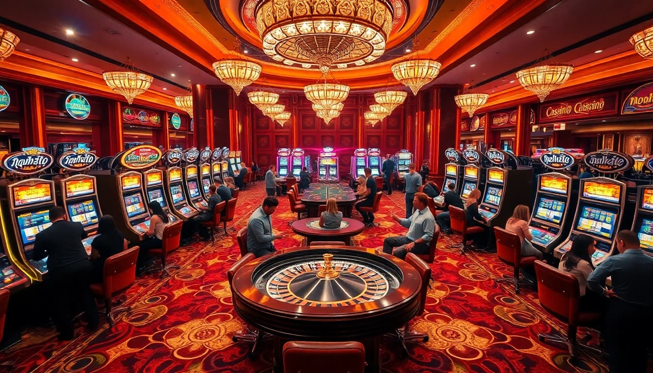 Nohu90 players enjoying a vibrant casino atmosphere with slot machines and roulette.