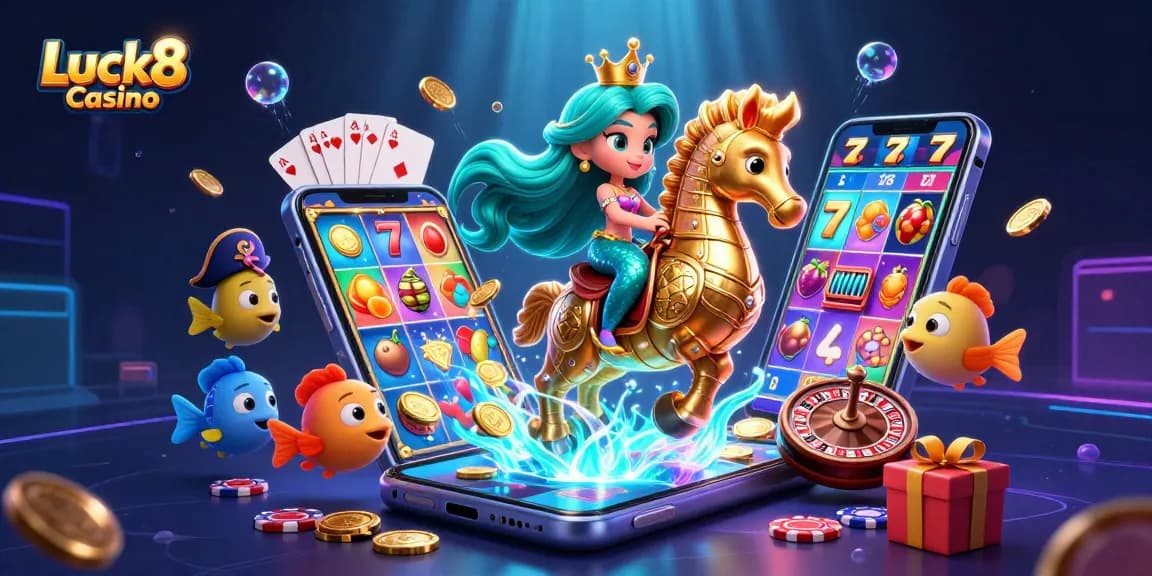 Luck8 Casino's vibrant underwater scene features engaging mermaid characters amidst colorful slot games and treasures.