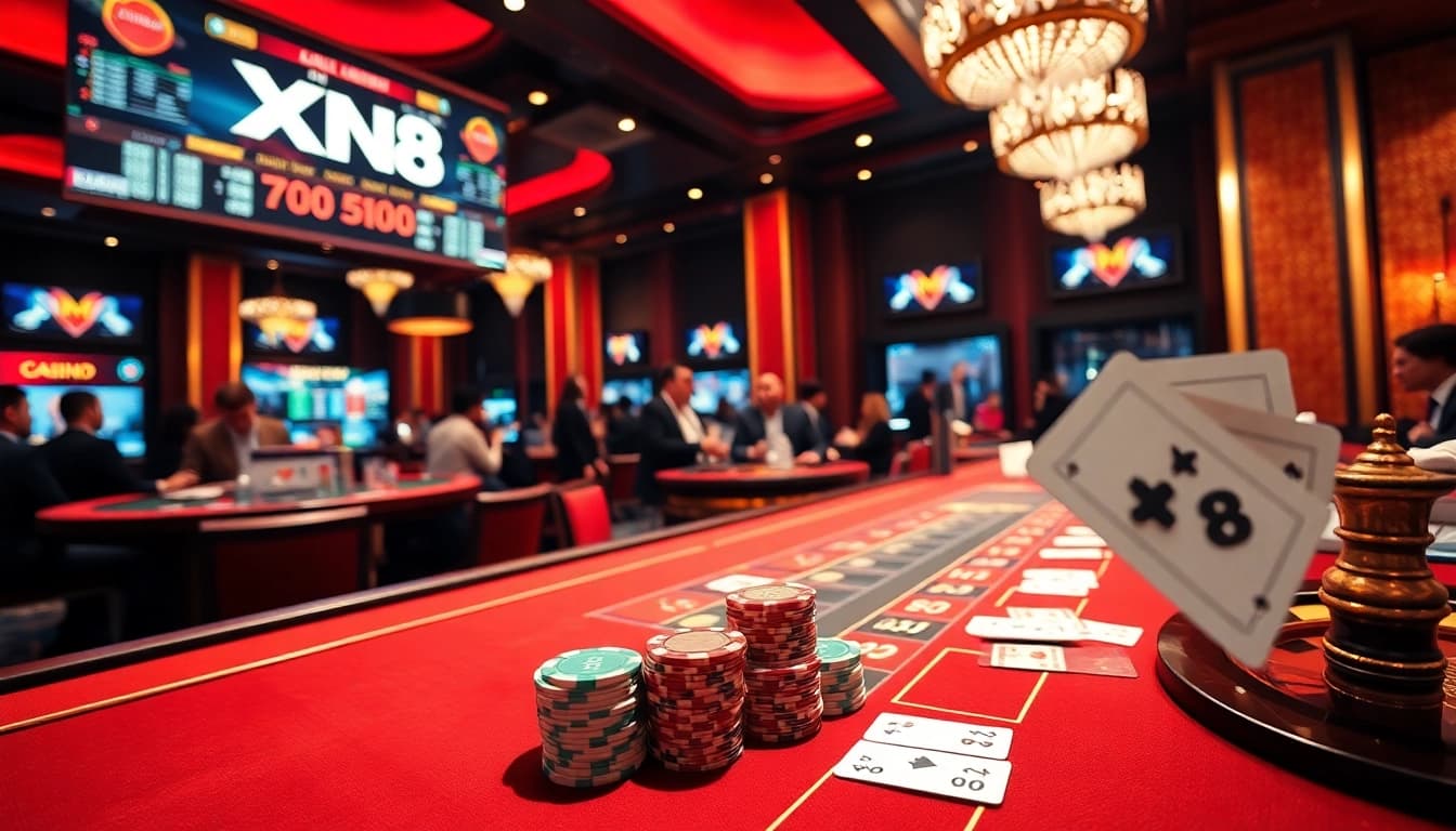 Experience the thrill of XN88 with a dynamic casino scene featuring poker chips and roulette.