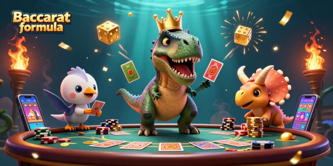 Engage with the Baccarat formula through a lively 3D scene featuring adorable characters and casino elements.