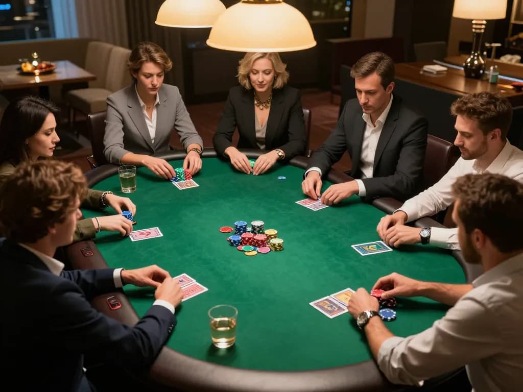 Da88 players focusing during intense poker game night with snacks and drinks on table.