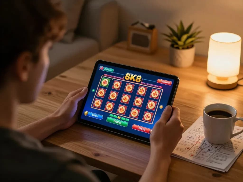 Engaging in 8K8 online slots from a cozy home setting, showcasing warm lighting and strategic gameplay.