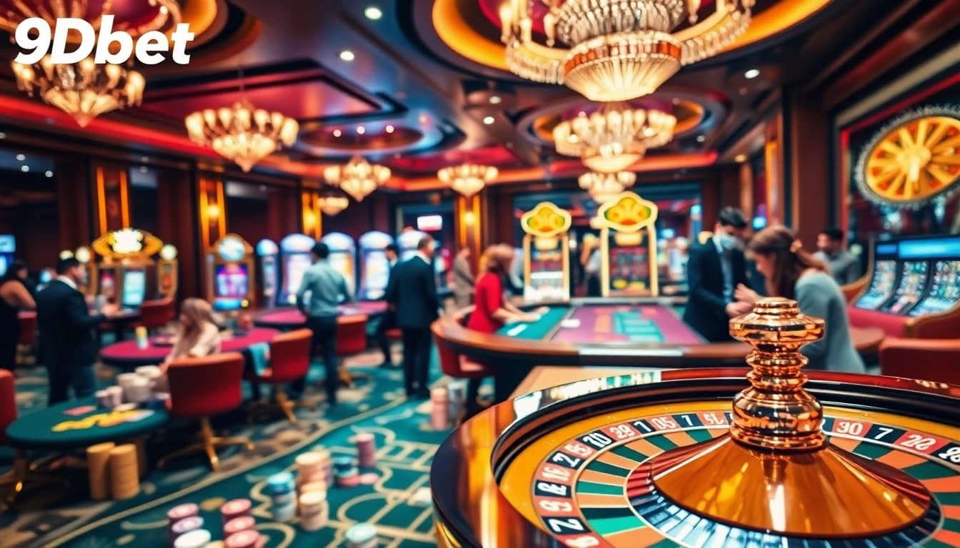 Experience the thrill of gambling with 9Dbet at a vibrant casino table full of action.