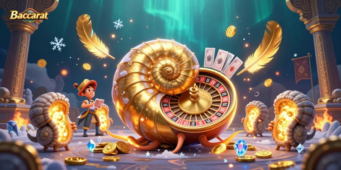 Baccarat strategy illustrated with a giant nautilus roulette wheel, playing cards, and glowing ammonites.