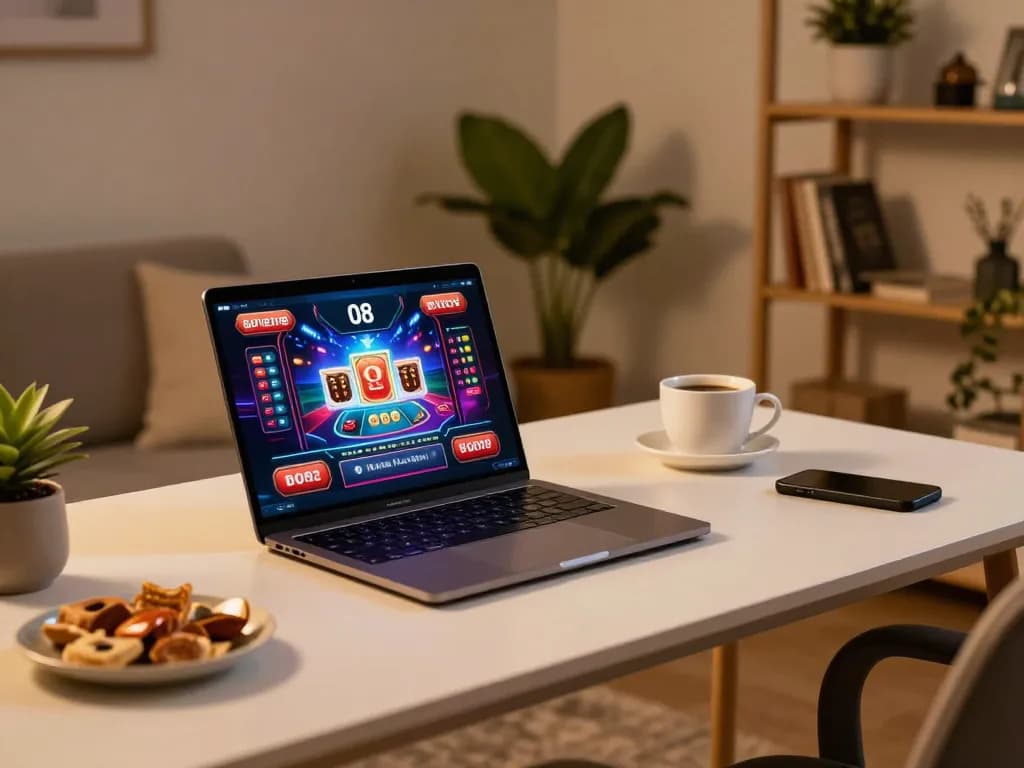 Engaging in online gambling at O8 with a vibrant gaming interface in a cozy setting