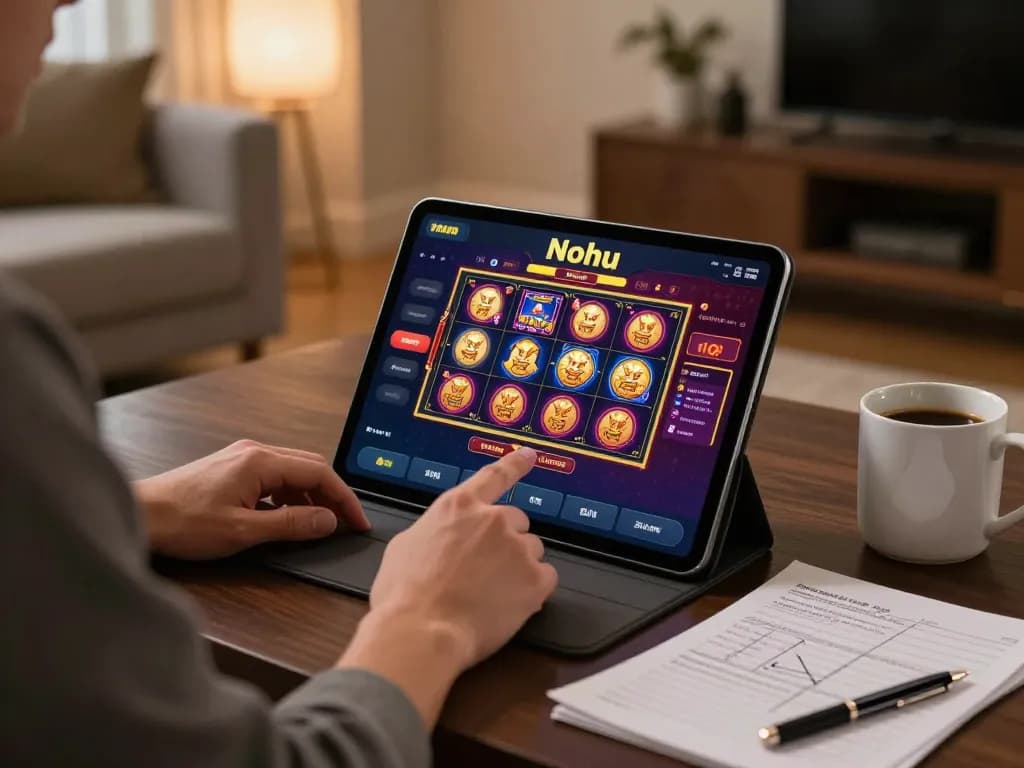 Engaging in exciting slots gameplay on Nohu casino app in a cozy home setting